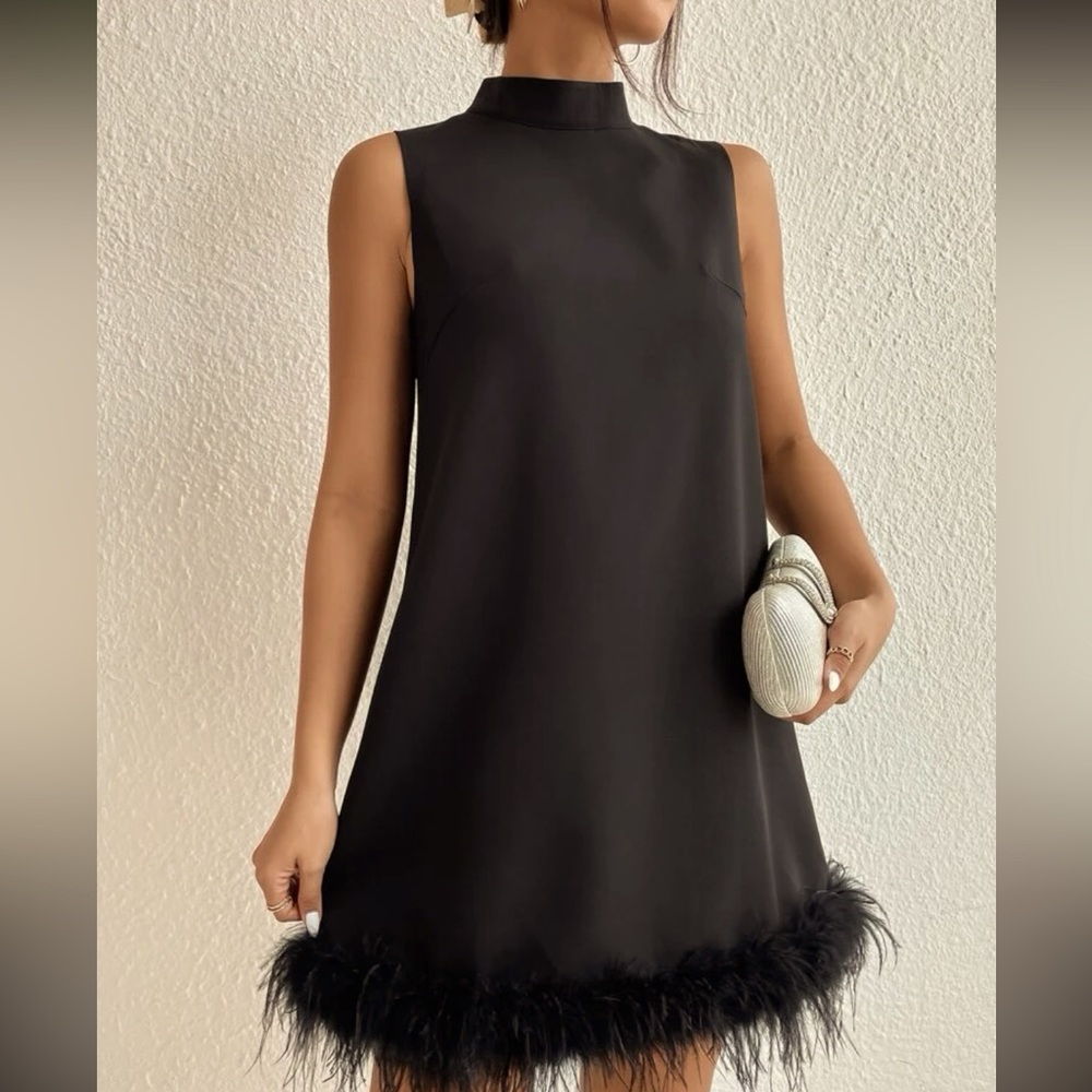 NWOT Black Featherl Accent Cocktail Dress